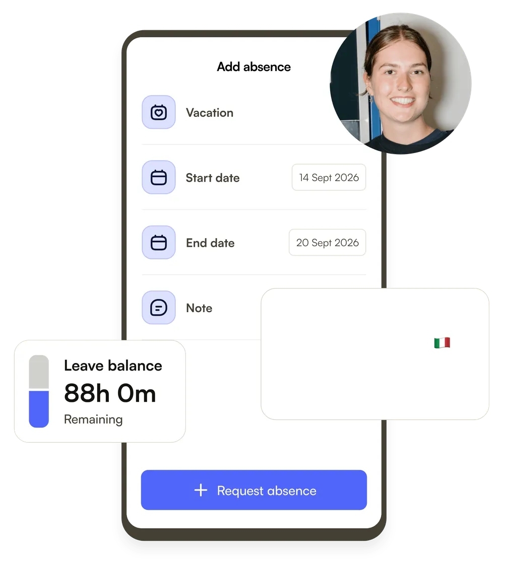 An employee requesting vacation in the Shiftbase app, with the dates, a note and the leave balance left