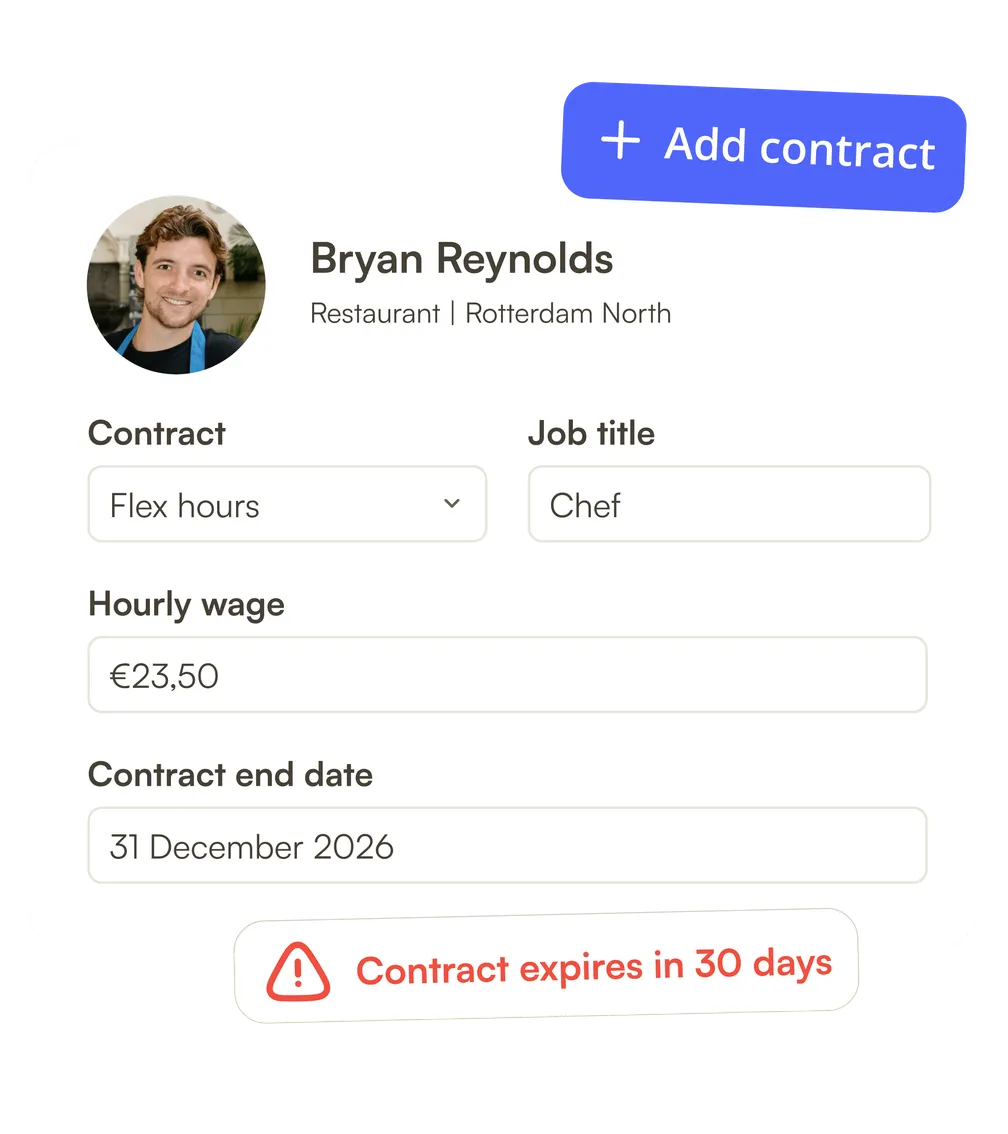 An employee record showing contract type, job title, hourly wage and contract end date