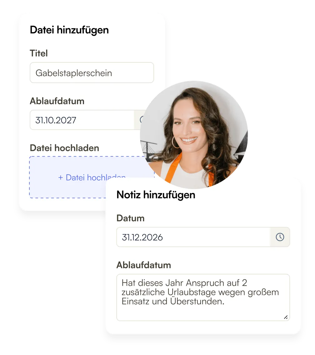 Ein Zertifikat mit Ablaufdatum und eine Notiz zu einer Personalakte hinzufügen