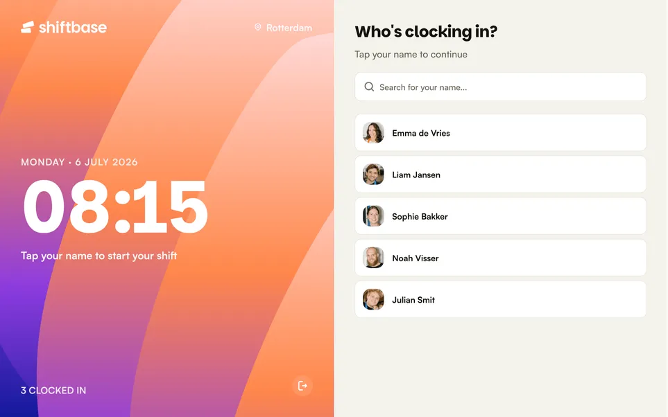 A tablet at the door as a punch clock: the time on the left, the staff list to tap your name on the right