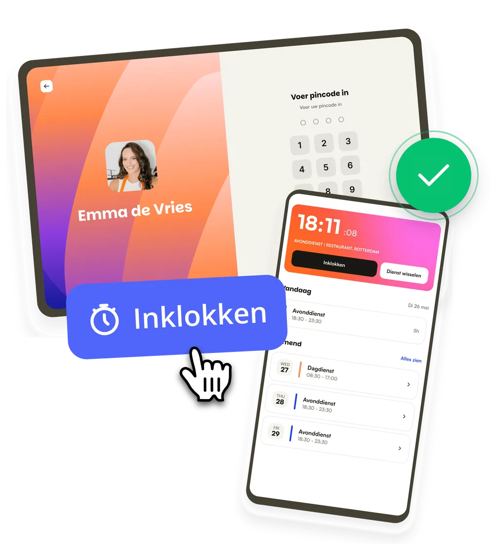 Emma klokt in met haar pincode op een tablet, en de Shiftbase-app op haar telefoon toont de lopende dienst