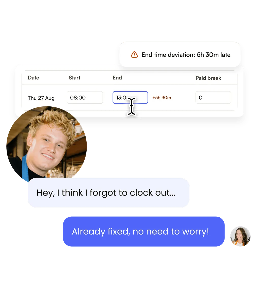A worked-hours row flagged "End time deviation: 5h 30m late", and a chat where an employee says they forgot to clock out and the reply says it is already fixed