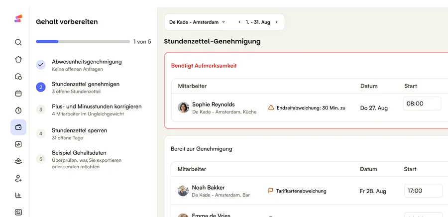 Der Bildschirm Gehalt vorbereiten in Shiftbase, beim Schritt Stundenzettel genehmigen