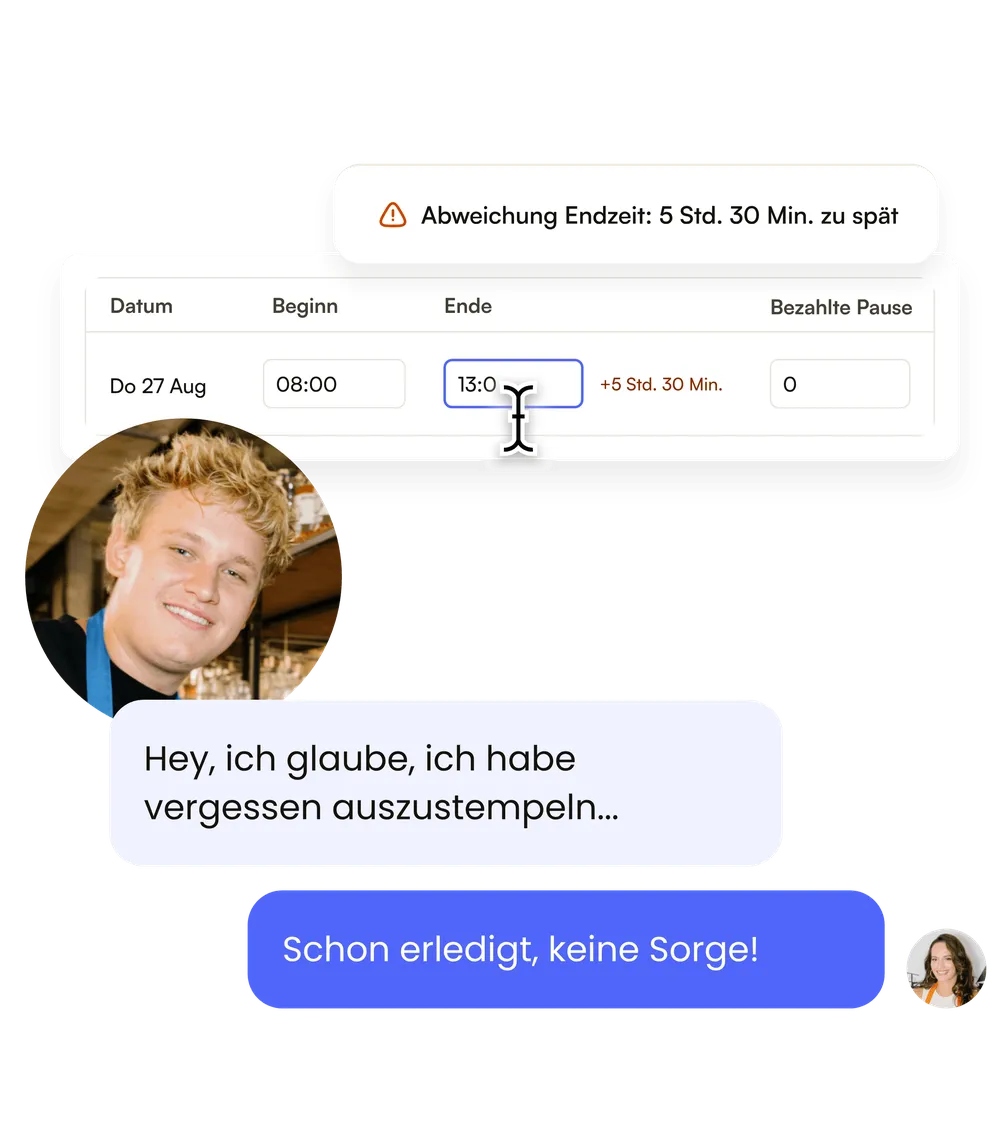 Eine Zeile der Arbeitszeiten mit dem Hinweis "Abweichung Endzeit: 5 Std. 30 Min. zu spät", dazu ein Chat, in dem ein Mitarbeiter schreibt, dass er das Ausstempeln vergessen hat, und die Antwort, dass es schon erledigt ist