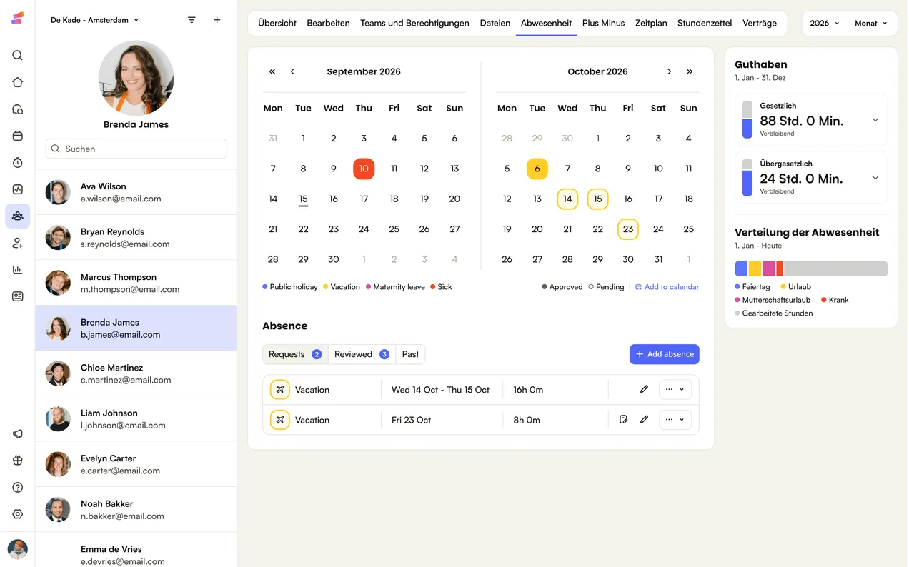 Das Abwesenheitsjahr einer Mitarbeiterin in Shiftbase: Kalender, Anträge und verbleibendes Guthaben