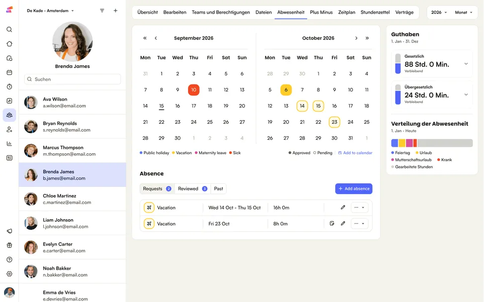 Das Abwesenheitsjahr einer Mitarbeiterin in Shiftbase: Kalender, Anträge und verbleibendes Guthaben
