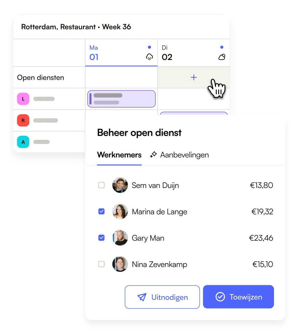 Een open dienst in het rooster, met de medewerkers om uit te nodigen of toe te wijzen en hun uurloon