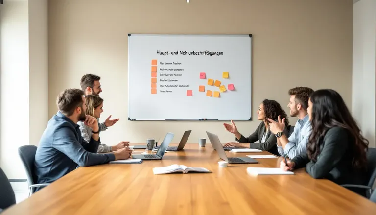 In einem Teammeeting diskutieren Arbeitnehmer und Arbeitgeber über Haupt- und Nebenbeschäftigungen, einschließlich Minijobs und deren Regelungen, wie Arbeitsverhältnisse, Verdienstgrenzen und steuerliche Aspekte. Die Teilnehmer stellen Fragen zu Themen wie Arbeitslosenversicherung, Sozialversicherung und Lohnzahlungen, um Klarheit über ihre Beschäftigungssituation zu erhalten.
