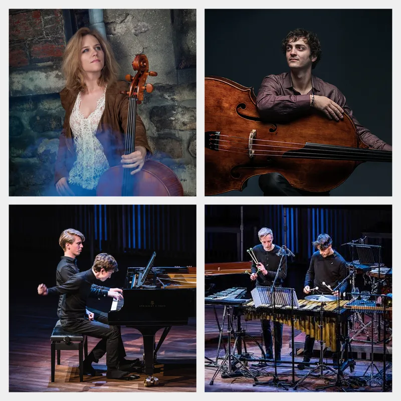 Cellist Maja Bogdanović, contrabassist Nicholas Schwartz en het Toonzetters Ensemble: twee pianisten en twee slagwerkers