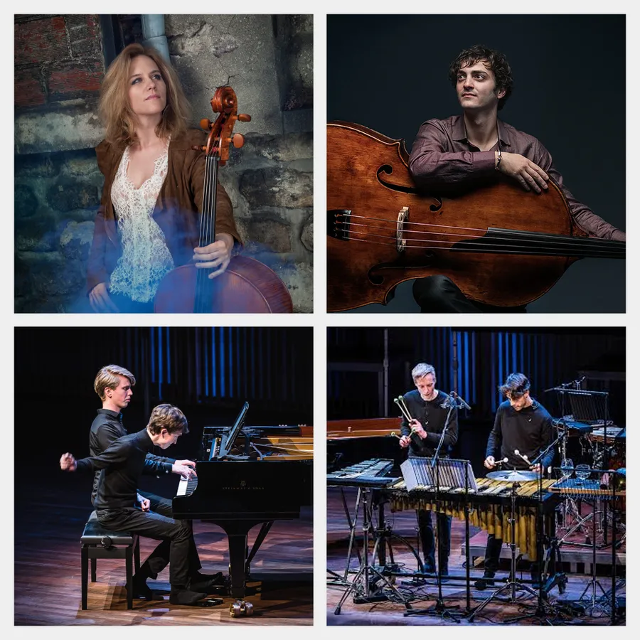 Cellist Maja Bogdanović, contrabassist Nicholas Schwartz en het Toonzetters Ensemble: twee pianisten en twee slagwerkers