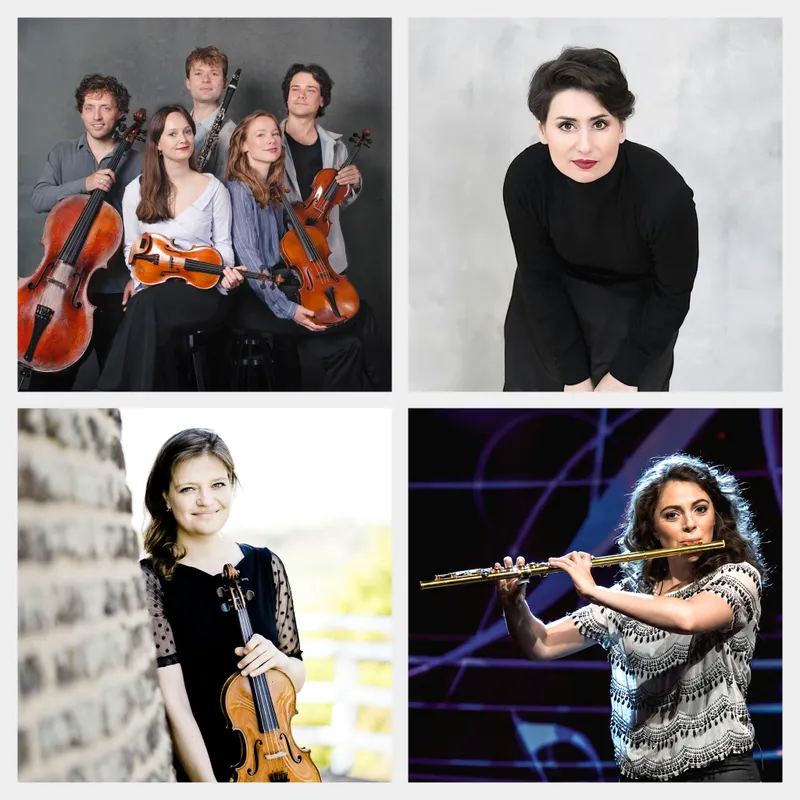 Het Animato Kwartet met klarinettist Jelmer de Moed, mezzosopraan Ekaterina Levental, violist Floor le Coultre en fluitist Felicia van den End