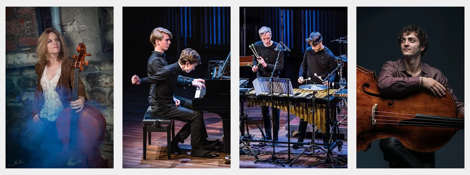 Cellist Maja Bogdanović, contrabassist Nicholas Schwartz en het Toonzetters Ensemble: twee pianisten en twee slagwerkers