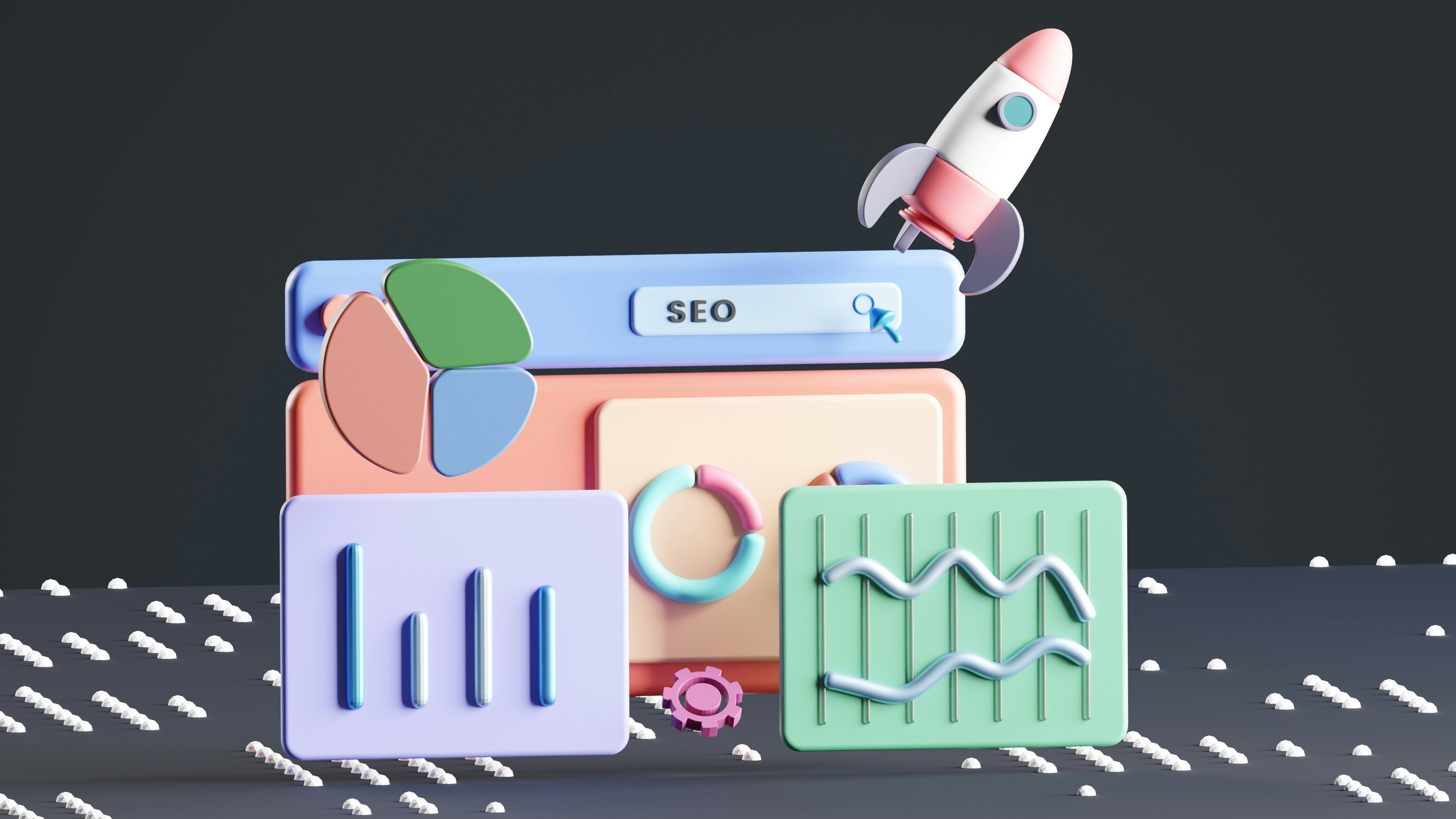 A 3D illustration of SEO analytics featuring a search bar, charts, graphs, a pie chart, and a rocket launch, symbolizing business growth, AI search optimization, digital marketing performance, and the future of Zero-Click Marketing in 2026.