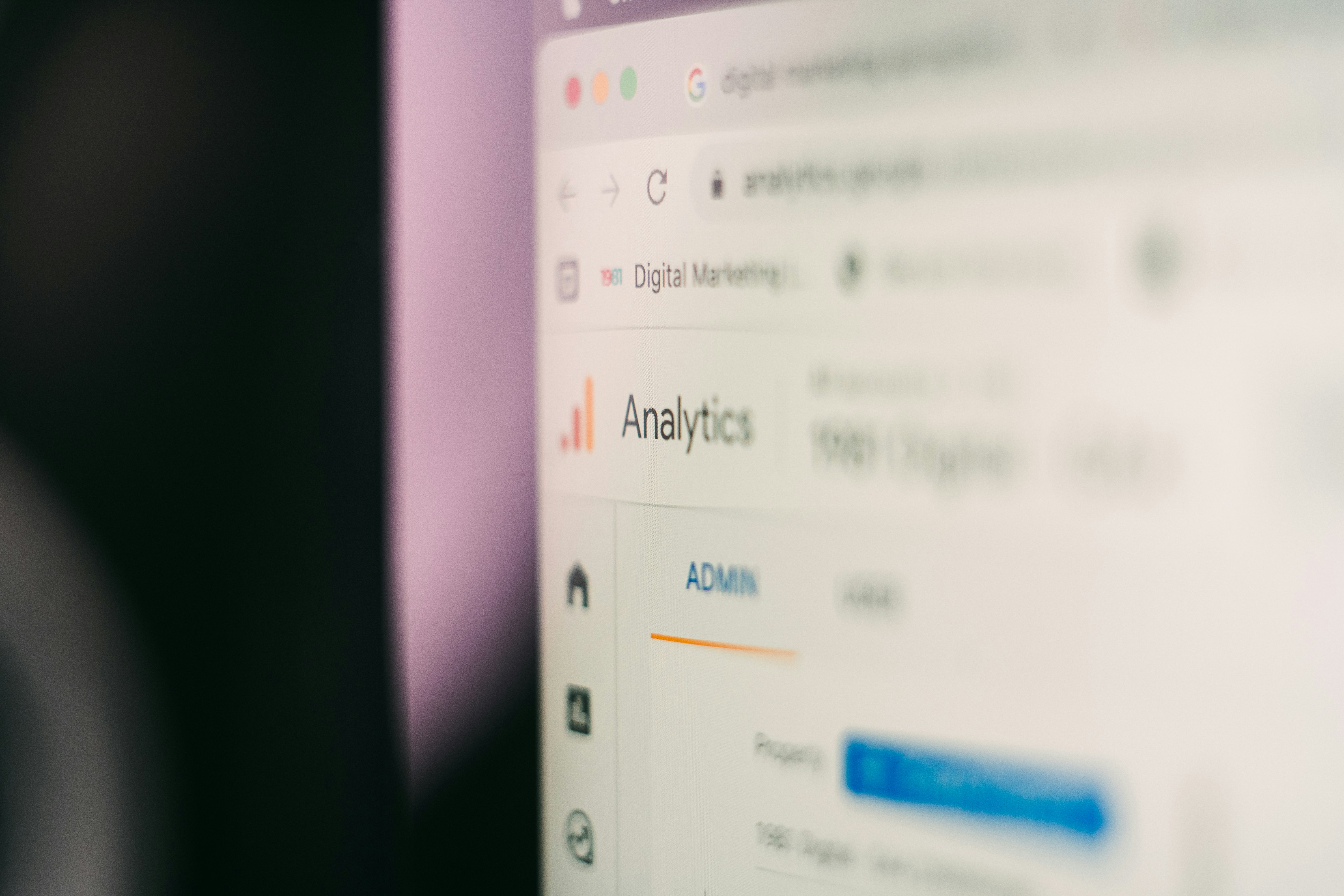 Close-up of a website analytics dashboard on a computer screen, illustrating digital marketing, search engine optimization (SEO), website performance tracking, and the transition toward AI search and Generative Engine Optimization (GEO).