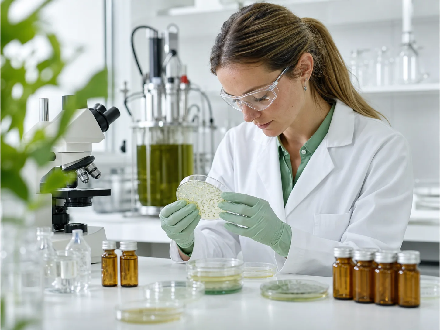 Mikrobiologin untersucht probiotische Kulturen in einem pharmazeutischen Labor