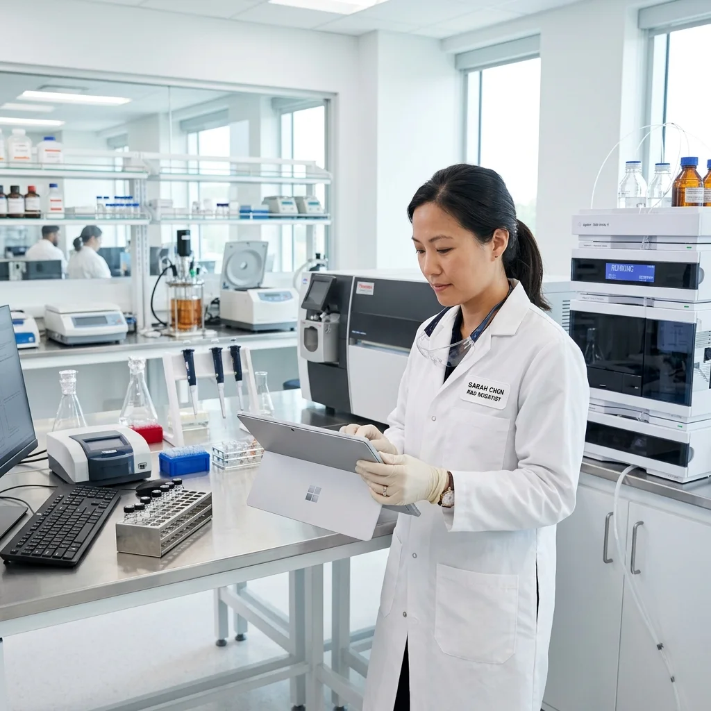 Wissenschaftlerin prüft Entwicklungsdaten in pharmazeutischem Labor