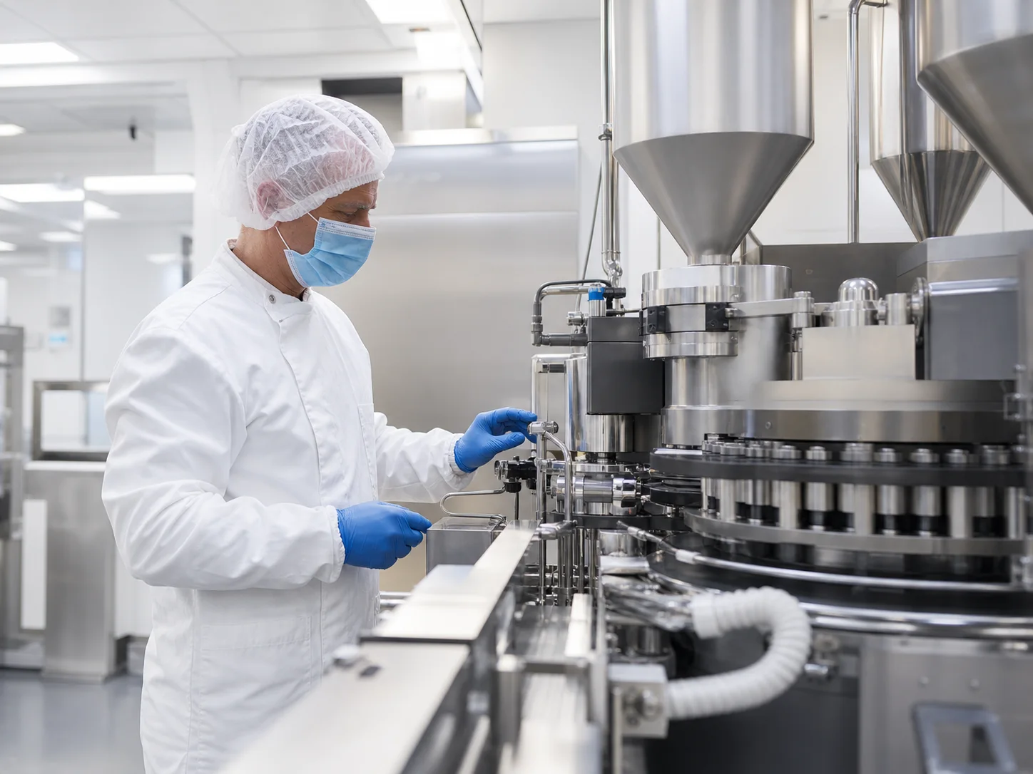 Techniker prüft eine pharmazeutische Produktionsanlage