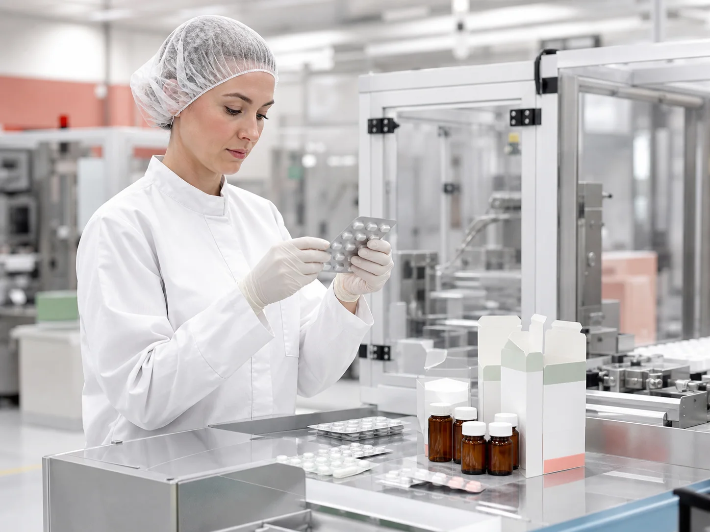 Mitarbeiter prüft Blister und Verpackungen an einer pharmazeutischen Linie