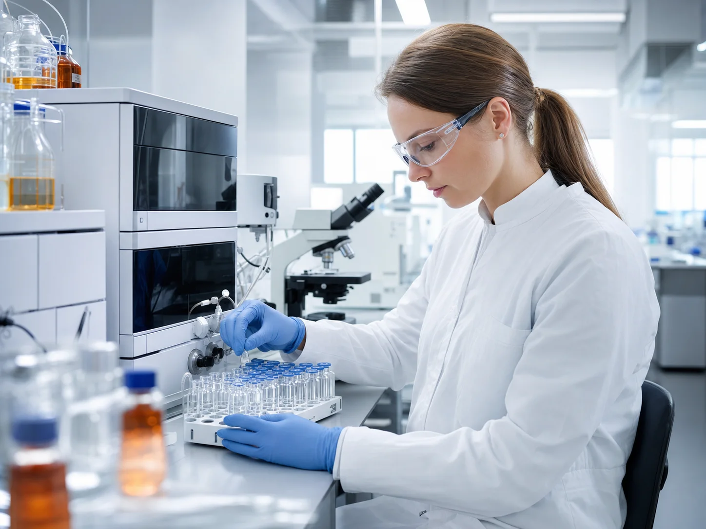 Analystin bereitet Proben für die pharmazeutische Qualitätskontrolle vor