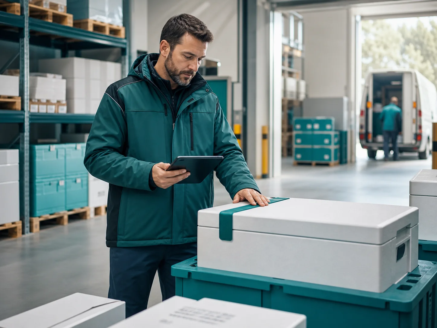 Logistikspezialist prüft temperaturgeführte Arzneimittelsendungen
