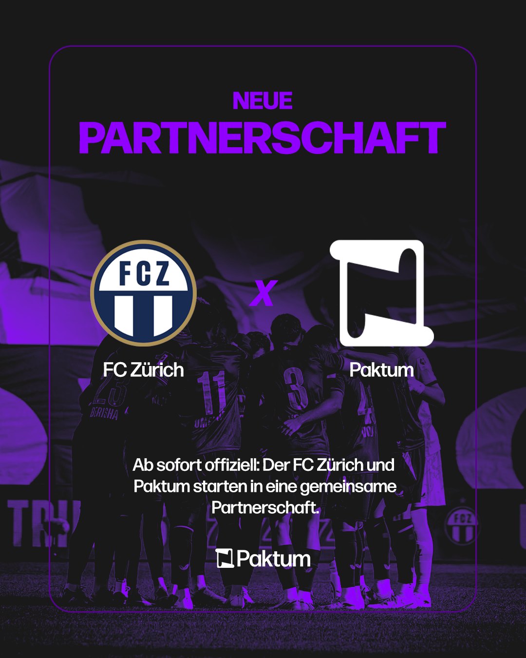 Grafik zur neuen Partnerschaft zwischen dem FC Zürich und Paktum mit den Logos beider Partner