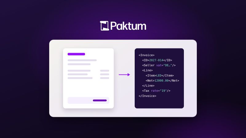 Ilustración de una factura que se convierte a un formato XML estructurado, sobre fondo de Paktum
