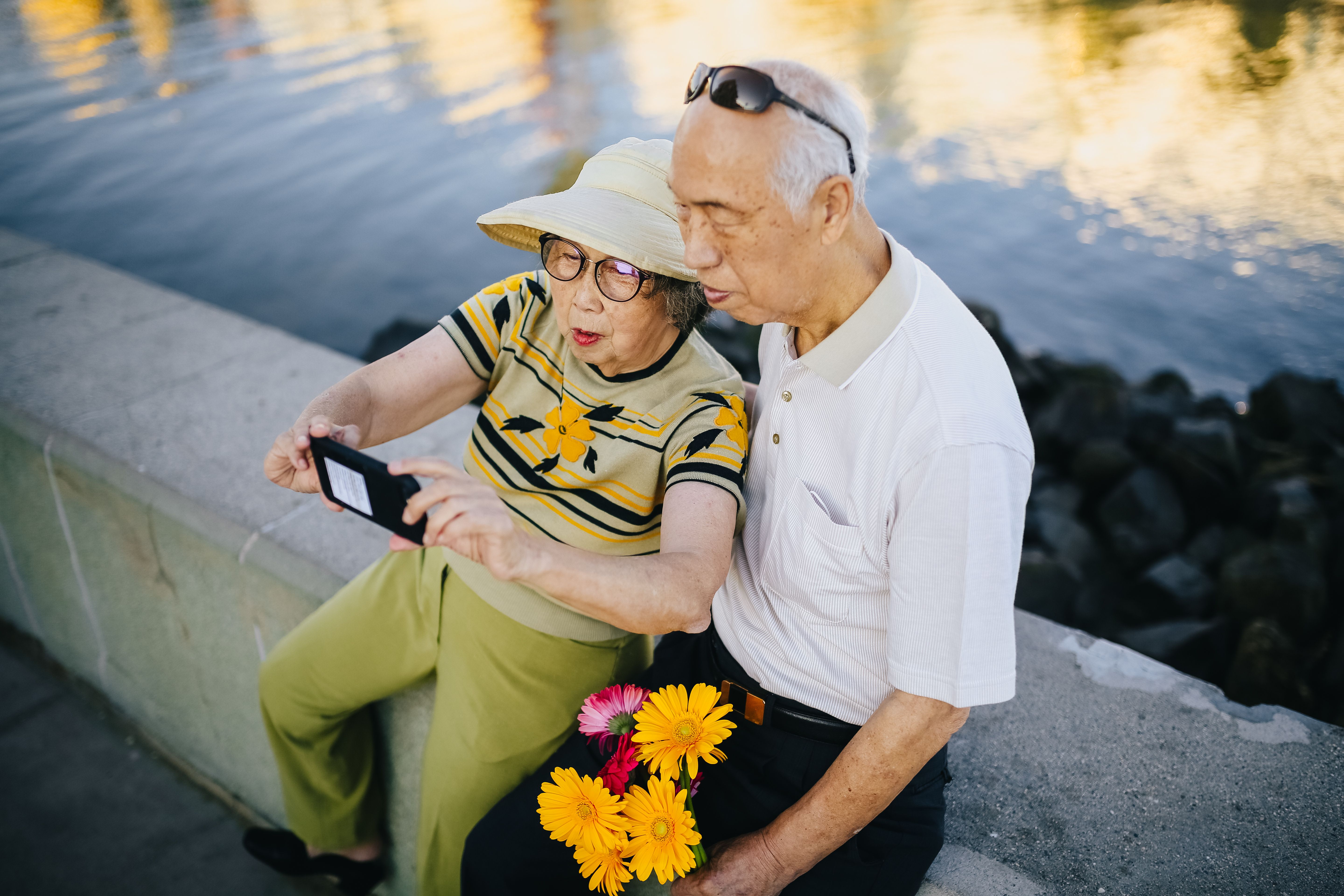 A couple is taking photo
