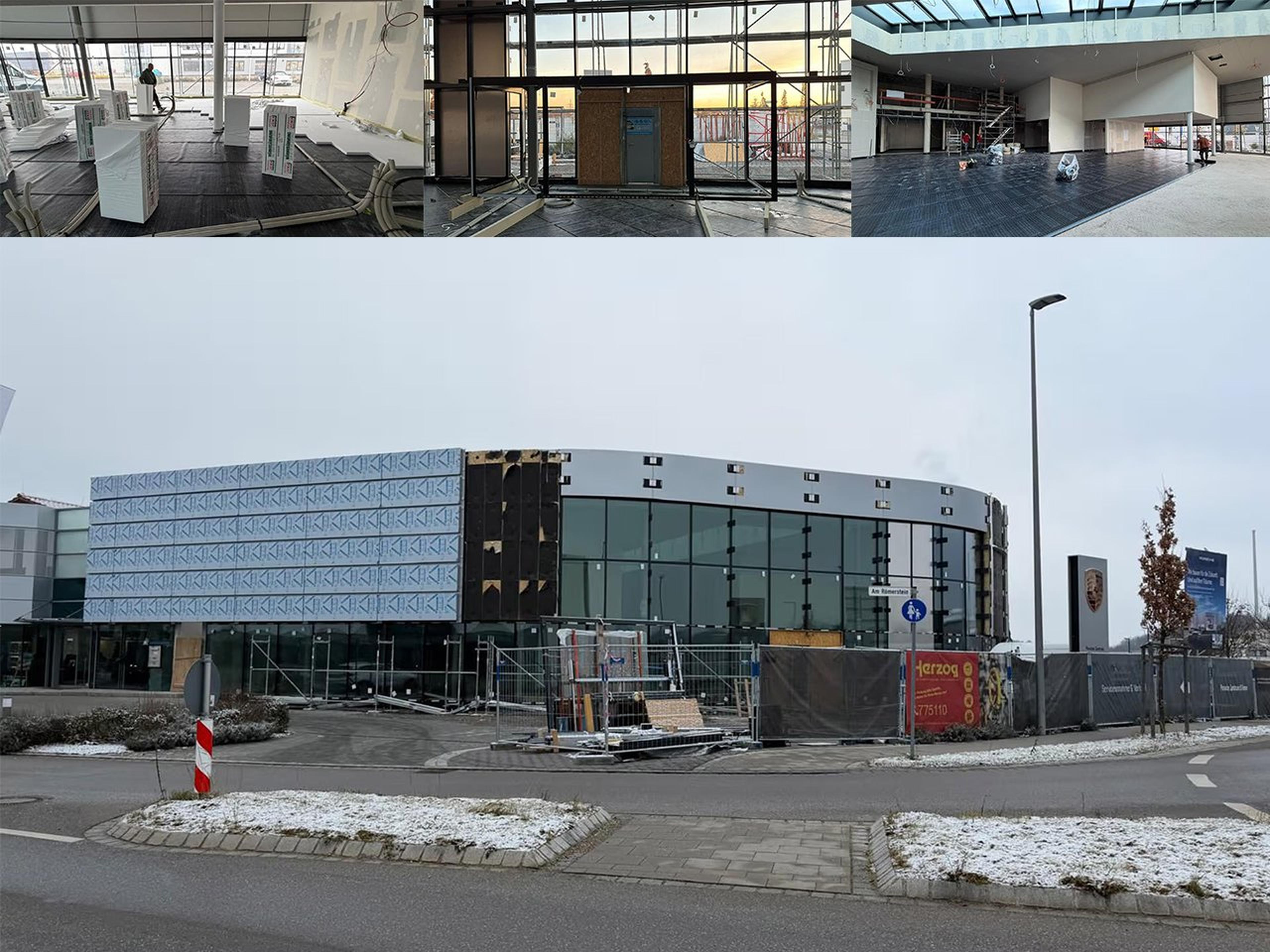 Rundes modernes Gebäude mit Glasfassade und Baustellenabsperrungen davor bei winterlichem Wetter