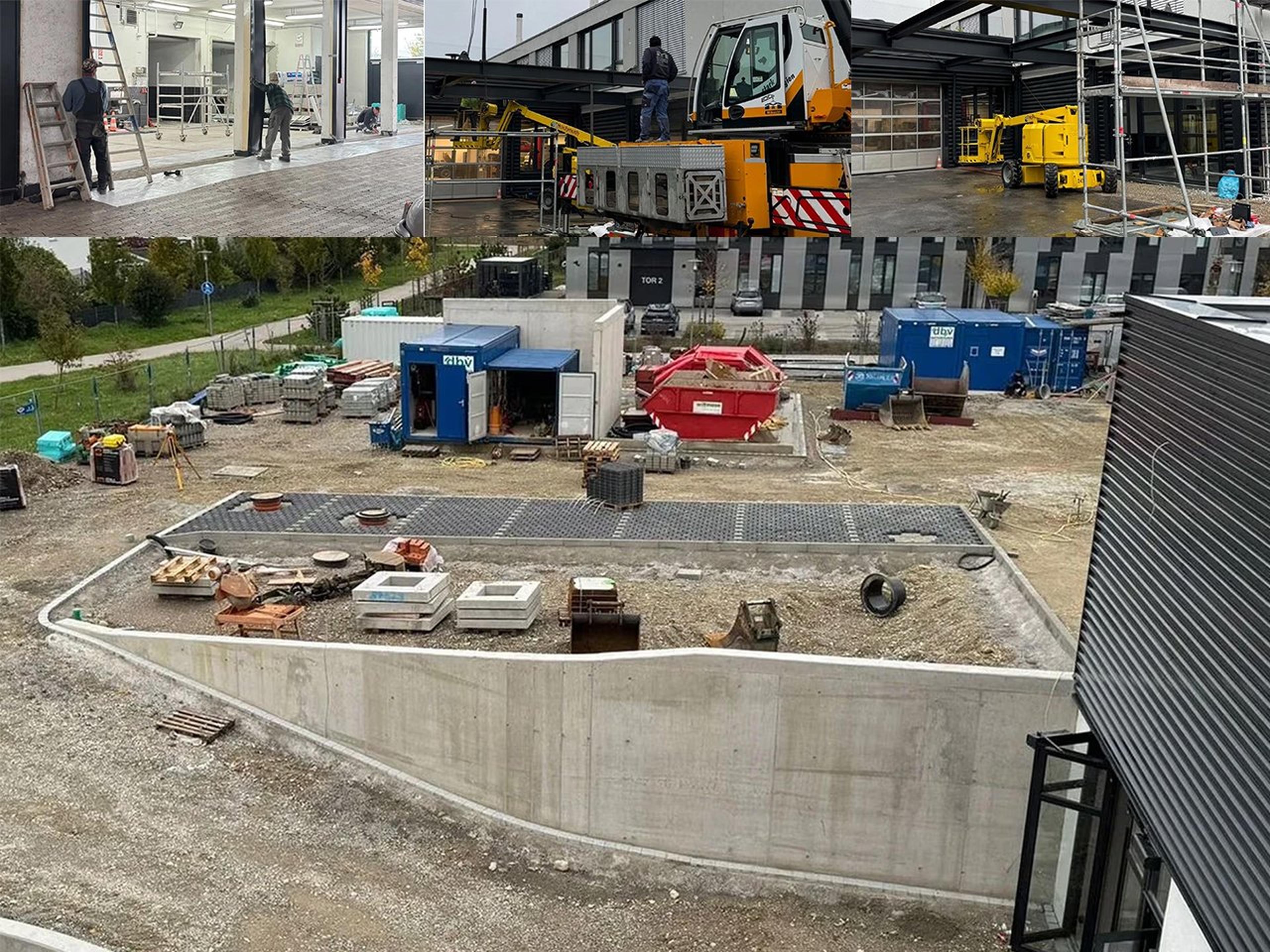 Baustelle mit Betonmauer, Containern, Baugeräten und mehreren Arbeitern in urbaner Umgebung