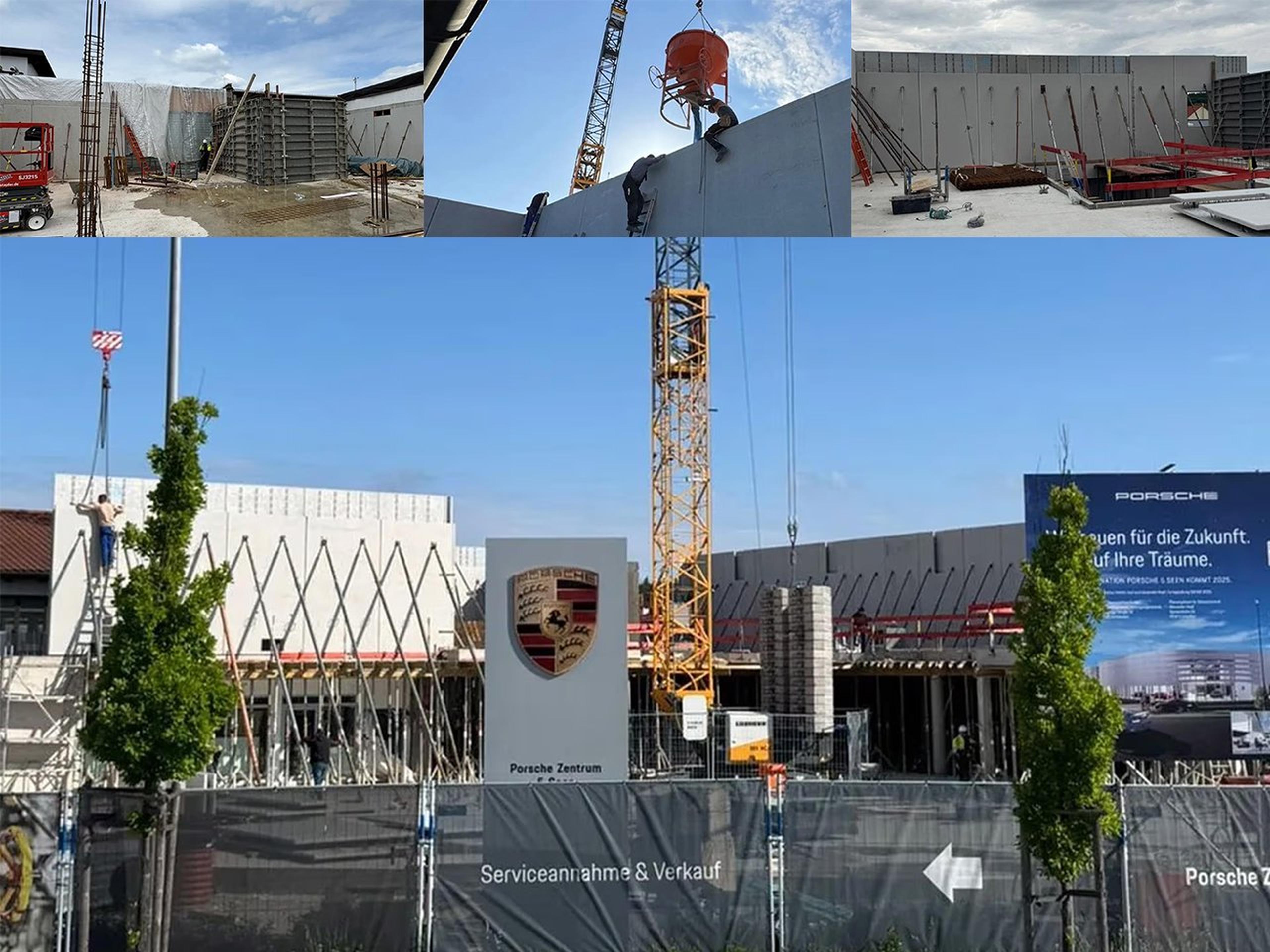 Baustelle mit Kran, Betonwänden und Porsche-Zentrum-Schild vor blauem Himmel