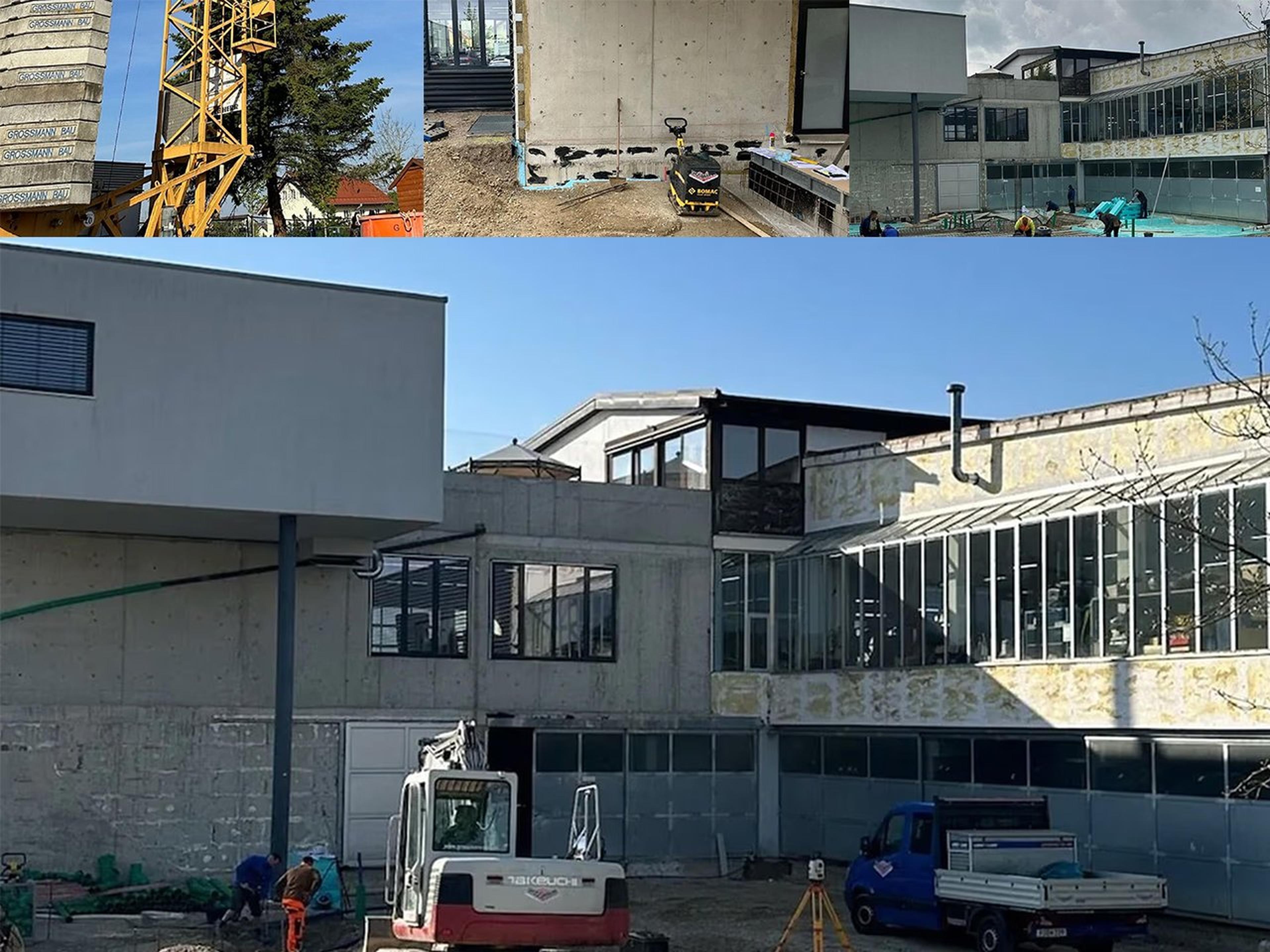 Bauarbeiten an einem mehrstöckigen Gebäude mit Baukran, Baumaschinen und Arbeitern im Freien