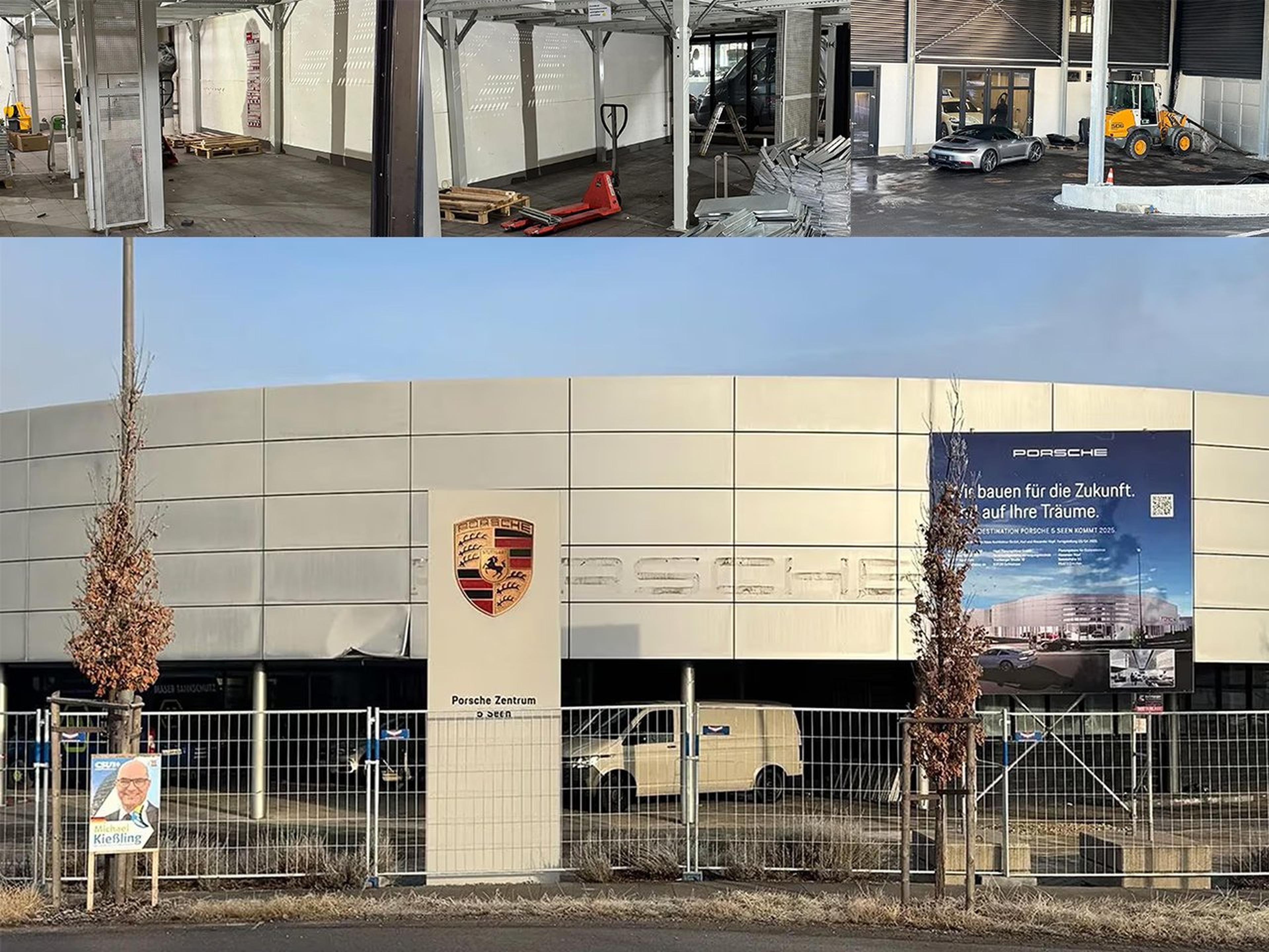 Außenansicht des Porsche-Zentrums mit Firmenlogo auf einem Schild und einem Werbeplakat an der Fassade hinter einem Bauzaun