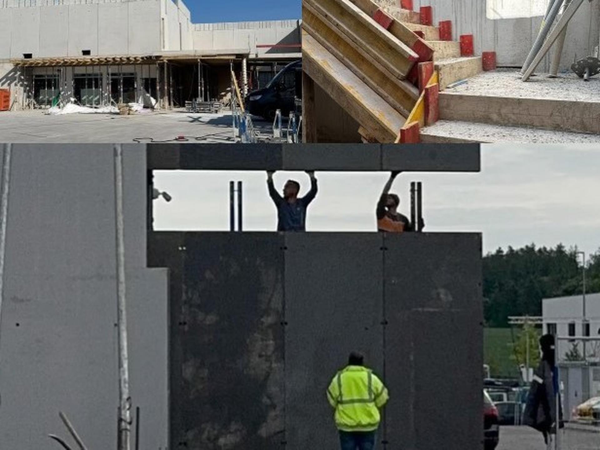 Drei Fotos zeigen eine Baustelle mit einem Rohbau, eine Treppe mit roten Markierungen und zwei Arbeiter, die eine große Betonwand heben, während ein dritter Arbeiter in gelber Warnweste davor steht.