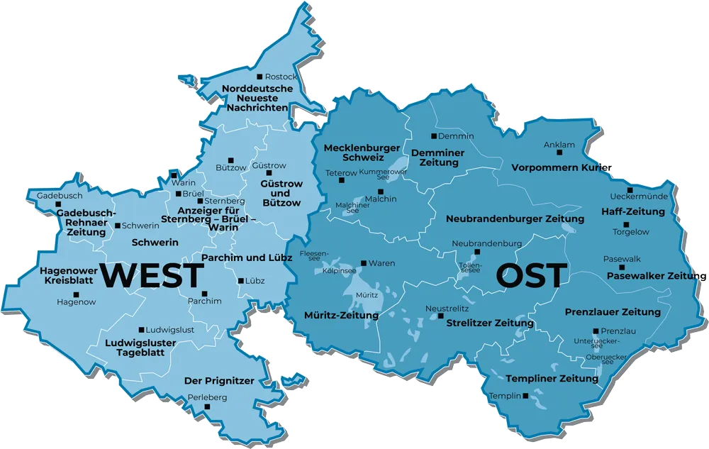 Karte des Verbreitungsgebiet der Lokalausgaben der Zeitung Nordkurier in Mecklenburg-Vorpommern sowie im nördlichen Brandenburg.