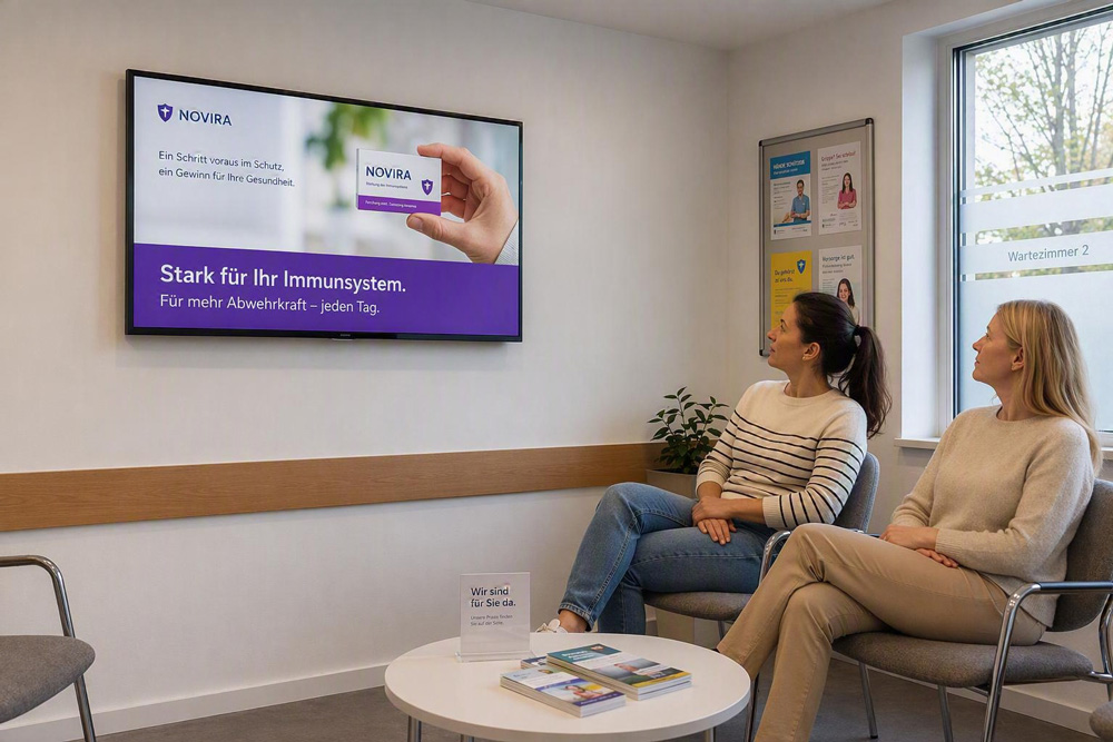 DOOH-Screens in Gesundheitsumfeldern wie Arztpraxen, Apotheken oder deren Schaufenster erreichen Menschen vor Ort in einer Wartesituation.