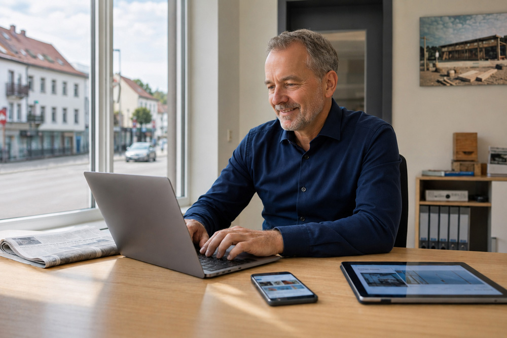 Ein Unternehmer nutzt Laptop, Smartphone, Tablet und Zeitung für seine Arbeit.