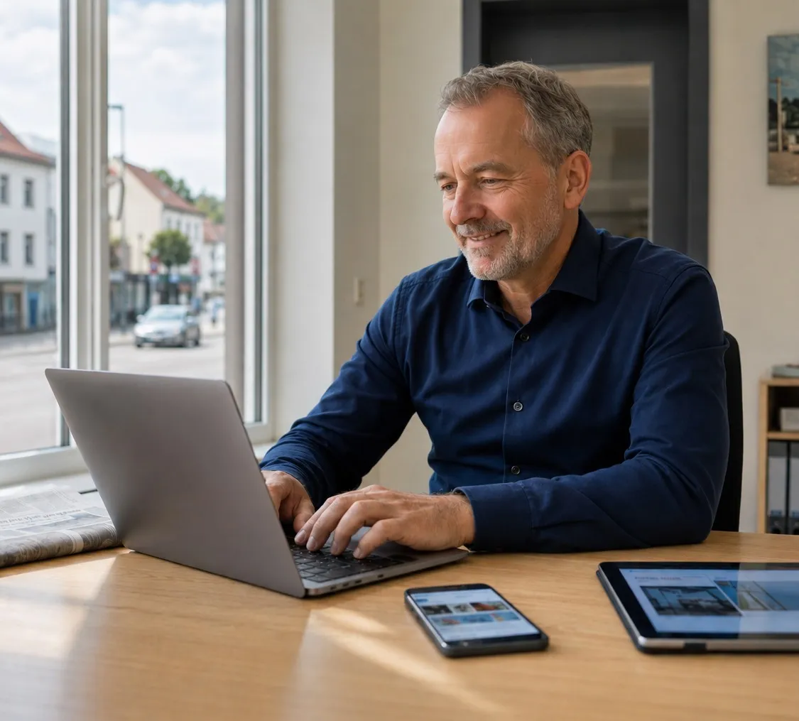 Unternehmer nutzt Laptop, Smartphone, Tablet und Zeitung – crossmediale Reichweite über alle Kanäle