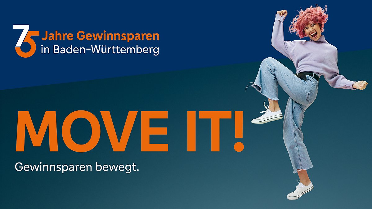 Das Motiv der Kampagne „MOVE IT – Gewinnsparen bewegt“ anlässlich des Jubiläums „75 Jahre Gewinnsparen“