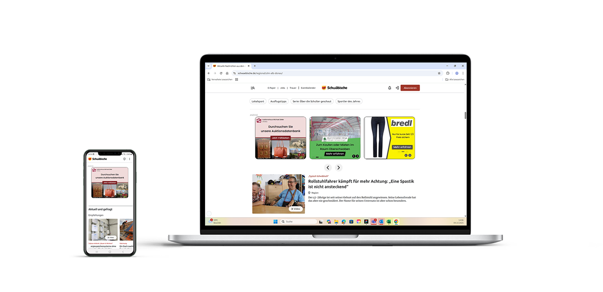 SmartAds-Anzeigen auf einem Smartphone und auf einem Laptop-Bildschirm auf der Nachrichten-Webseite von schwaebische.de dargestellt.