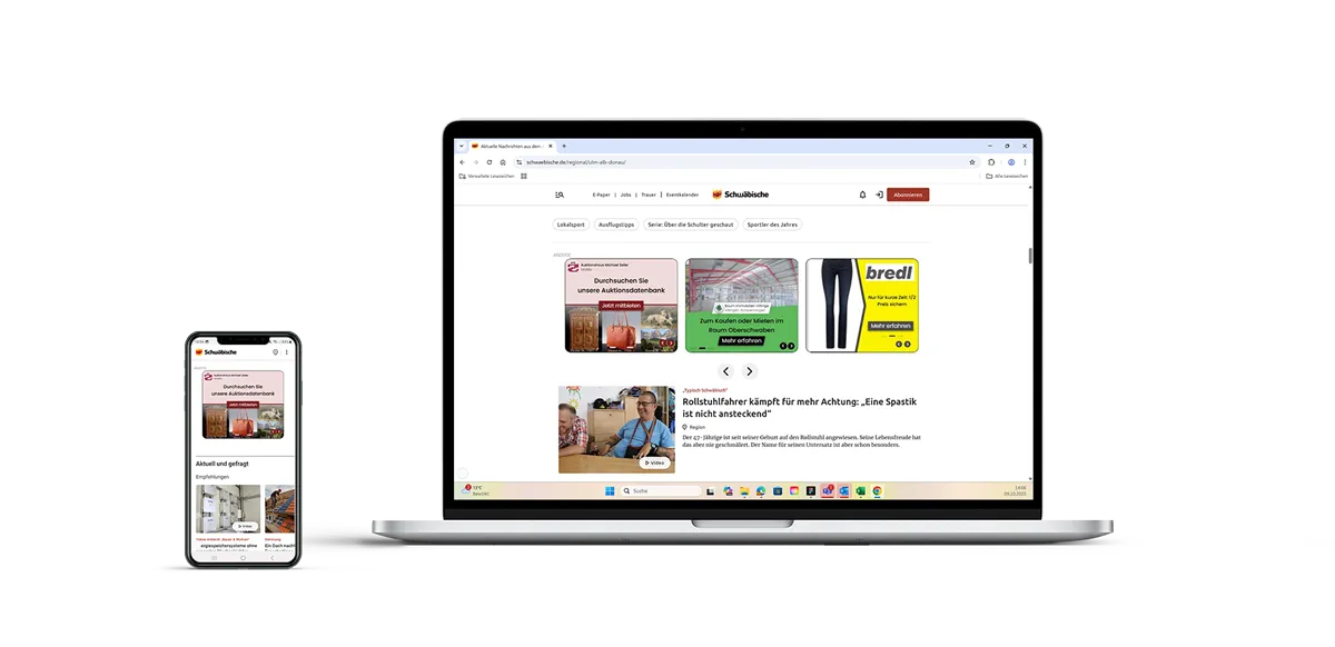 SmartAds-Anzeigen auf einem Smartphone und auf einem Laptop-Bildschirm auf der Nachrichten-Webseite von schwaebische.de dargestellt.