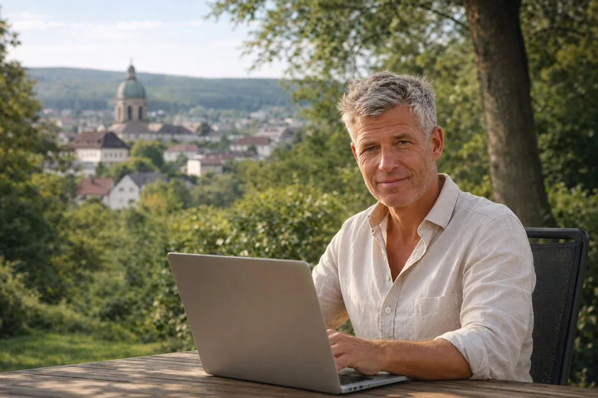 Mann mit Laptop sitzt an einem Tisch auf einer Terrasse und im Hintergrund ist eine Kleinstadt zu sehen.