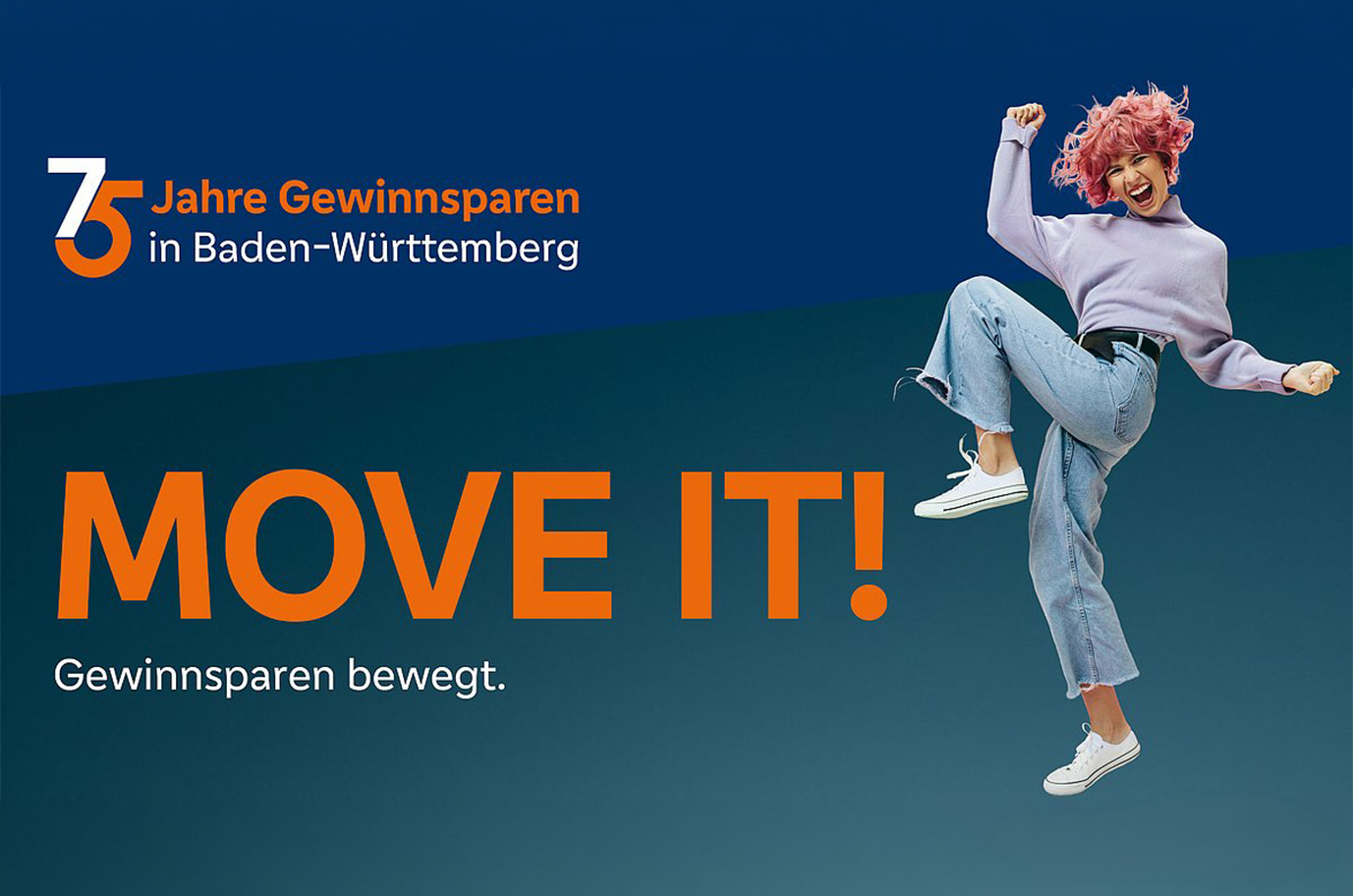 Das Motiv der Kampagne „MOVE IT – Gewinnsparen bewegt“ anlässlich des Jubiläums „75 Jahre Gewinnsparen“