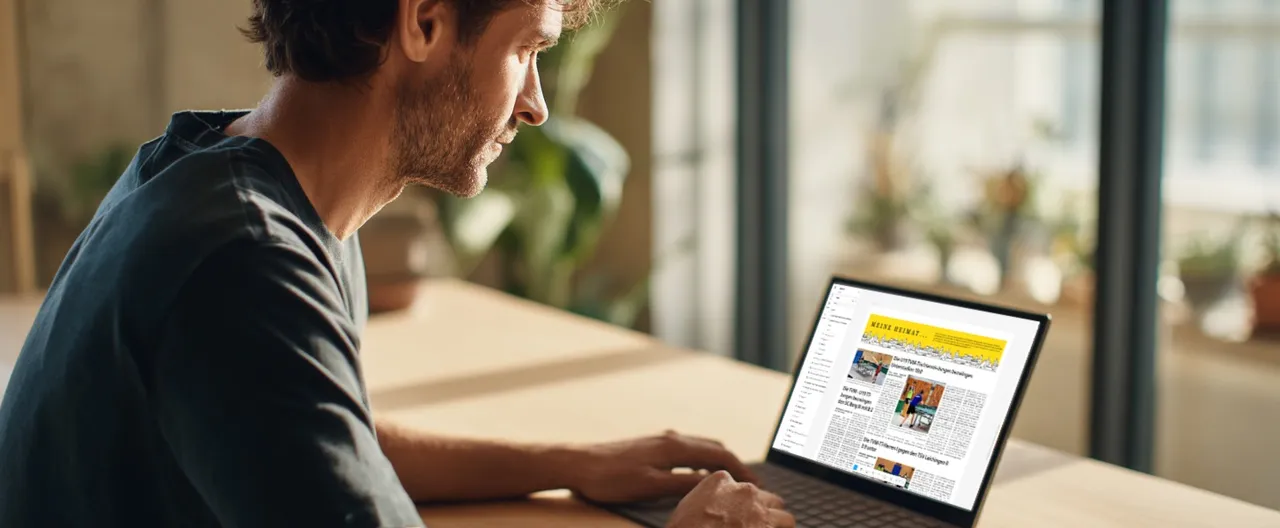 Ein Mann erstellt mit seinem Laptop eine Print-Anzeige.
