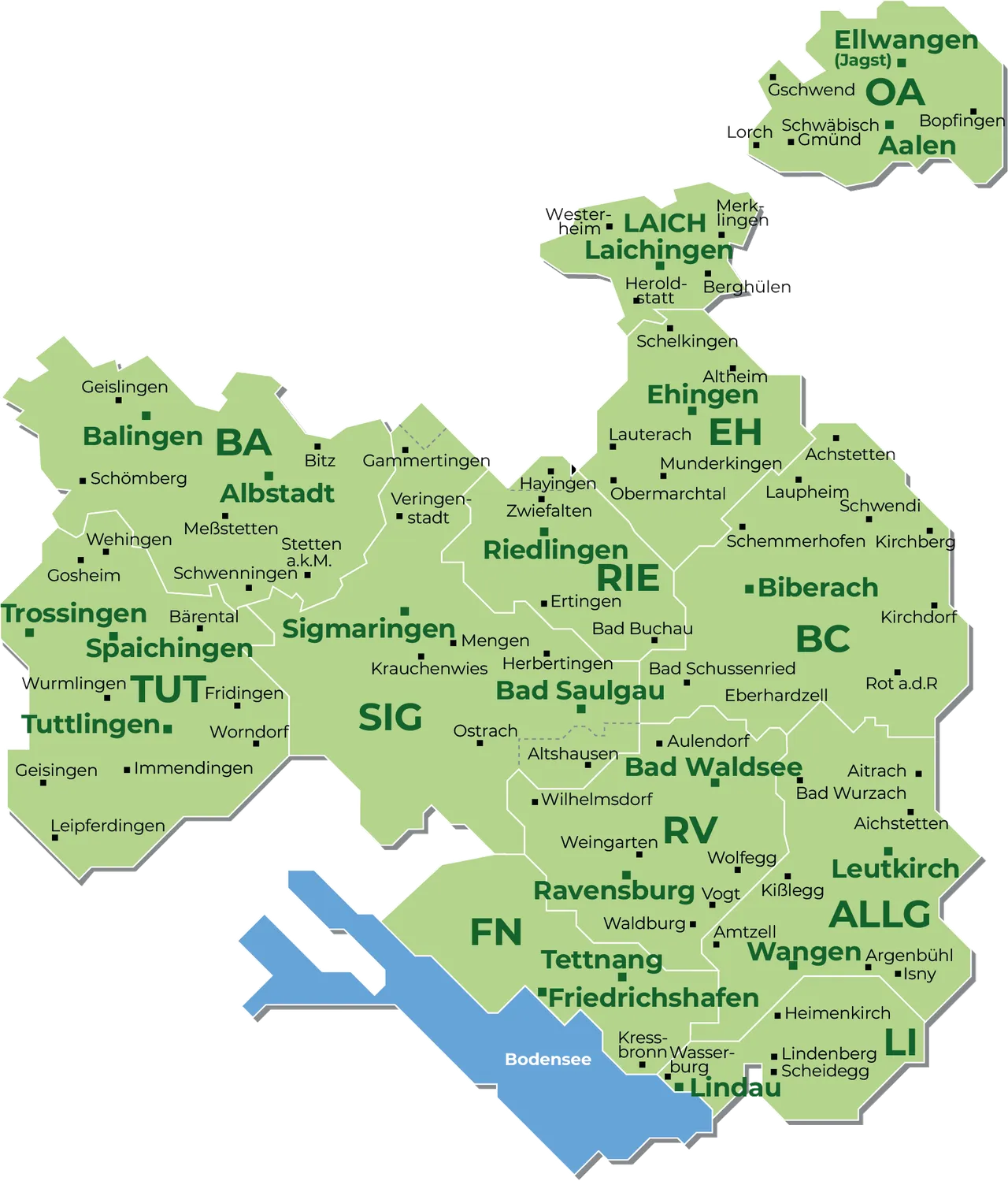Landkarte des Gesamtverbreitungsgebiets der Wochenzeitung "Südfinder" von Ellwangen, Trossingen bis an den Bodensee und Wangen im Allgäu.