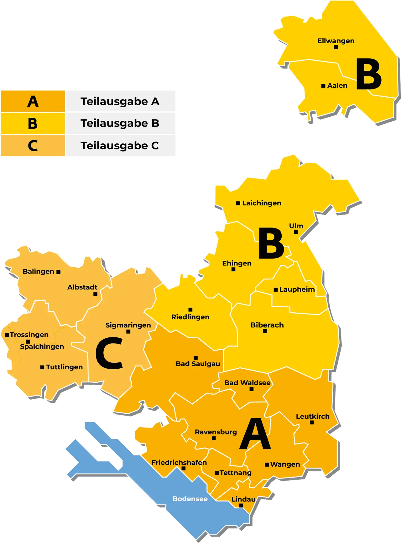 Gesamtverbreitungsgebiet der Tageszeitung "Schwäbische Zeitung" in den Regionen im südlichen Baden-Württemberg von Ellwangen, Trossingen bis an den Bodensee und nach Wangen im Allgäu.