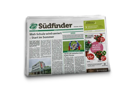 Abbildung der Wochenzeitung Südfinder: lokale Nachrichten und regionale Werbung in einem Umfeld, das gelesen wird.