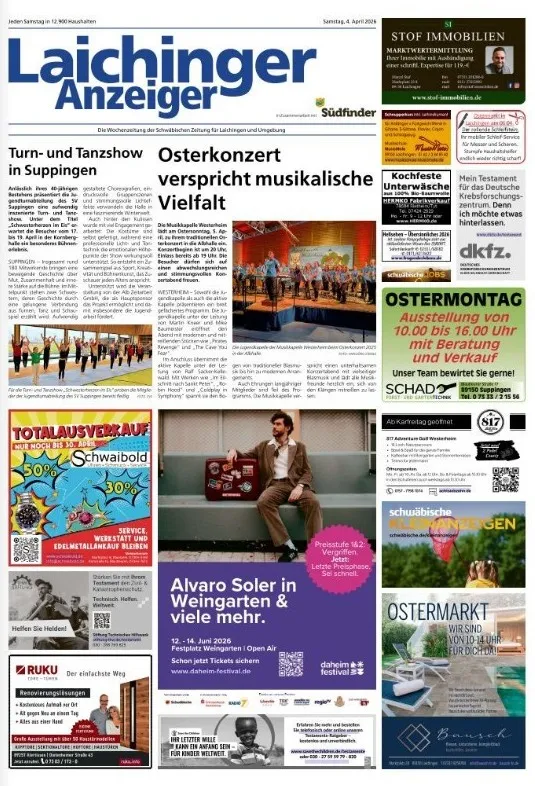 Print-Anzeigen auf der Titelseite des Laichinger Anzeigers im redaktionellen Umfeld – Beispiel für Anzeigenwerbung im Wochenblatt