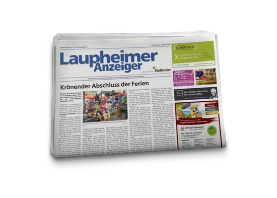 Abbildung des Laupheimer Anzeiger - die Wochenzeitung erscheint mittwochs in rund 21.270 Haushalten in Laupheim und Umgebung.