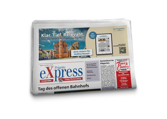 Abbildung des Prignitz eXpress: die lokale Wochenzeitung mit amtlichen Bekanntmachungen für die Prignitz. Ihre Anzeige steht direkt neben Inhalten, die gelesen werden.