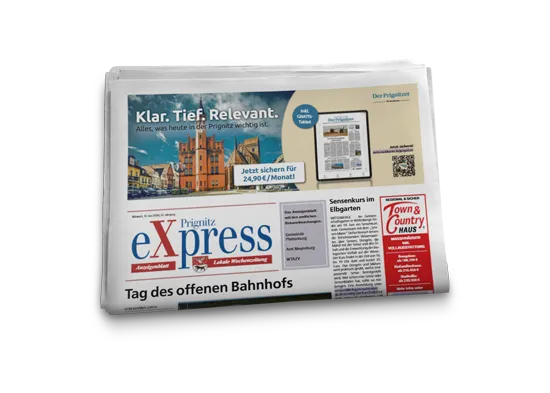 Abbildung des Prignitz eXpress: die lokale Wochenzeitung mit amtlichen Bekanntmachungen für die Prignitz. Ihre Anzeige steht direkt neben Inhalten, die gelesen werden.